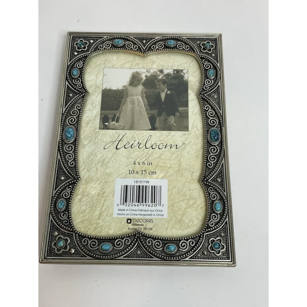 Picture Frame Heirloom by Decorel 4x6 Frame Silvertone w/Turquoise Like Beads